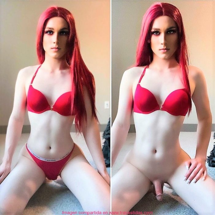 Riquísima pelirroja transexual en sexy lencería roja