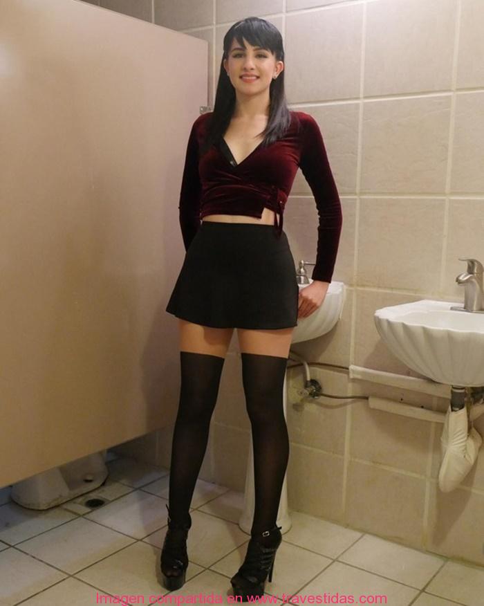 Hermosa y super sexy chica transexual en minifalda medias y tacones