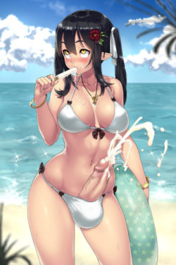 Hentai de hermosa transexual en la playa con verga gigante y lechosa
